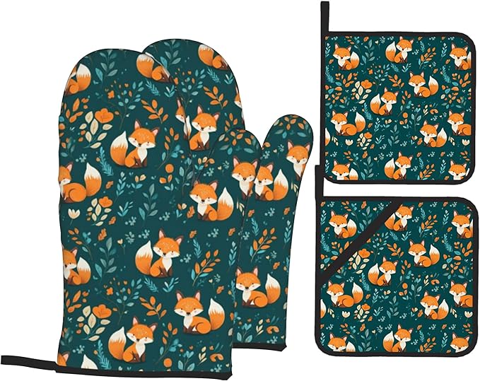 Fall Oven Mitts and Hot Pads Set - Fox Leaves Design, Heat Resistant Cute Pot Holders for Kitchen, Baking Gifts for Women