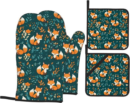 Fall Oven Mitts and Hot Pads Set - Fox Leaves Design, Heat Resistant Cute Pot Holders for Kitchen, Baking Gifts for Women