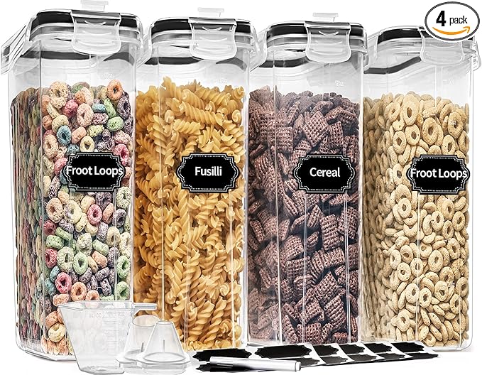 PRAKI Cereal Containers Storage Set (4L,135.2 Oz), 4PCS Airtight Food Storage Containers with Pour Spout for Kitchen & Pantry Organization Cereal Dispensers with 20 labels, Measuring Cup & Marker by PRAKI