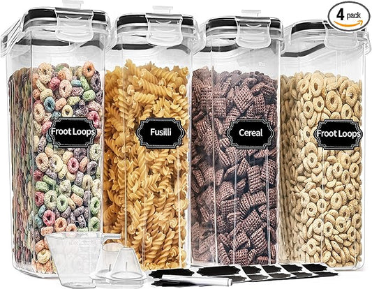 PRAKI Cereal Containers Storage Set (4L,135.2 Oz), 4PCS Airtight Food Storage Containers with Pour Spout for Kitchen & Pantry Organization Cereal Dispensers with 20 labels, Measuring Cup & Marker by PRAKI