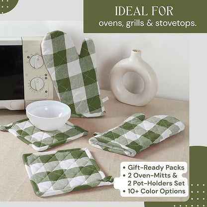 Buffalo Plaid Check Oven Mitts and Pot Holders Set, 100% Cotton, Heat Resistant, 2 Oven Gloves (7x13 Inches) and 2 Hot Pads (8x8 Inches) for Cooking and Baking, Mint Green White