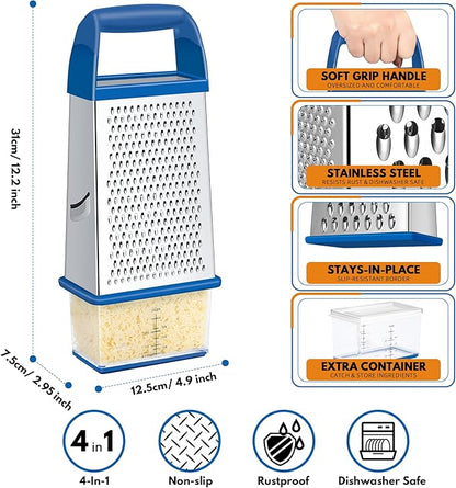 Urbanstrive Cheese Grater With Container, Professional Cheese Grater with Handle, Stainless Steel Graters for Kitchen Handheld, Box Grater with 4 Sides for Vegetables, Ginger, Potatoes (Dark Blue) - Image 2