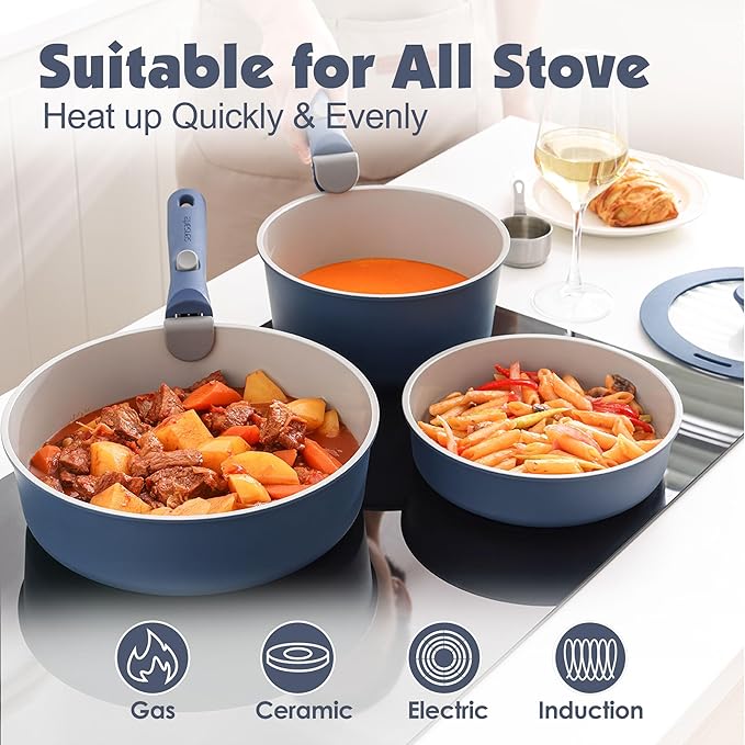 SENSARTE 17 Piece Ceramic Pots and Pans Set, Nonstick Detachable Handle Cookware, Induction Kitchen Cookware Set with Removable Handle, Dishwasher ＆ Oven Safe (Navy) - Image 6