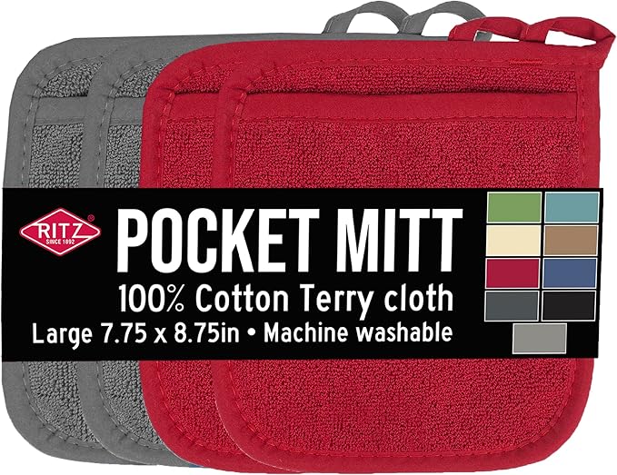 RITZ Terry Pocket Mitt & Hot Pad: Unparalleled Heat Resistant, Durable 100% Cotton – Ergonomically Designed for Optimal Grip – Easy-Care Machine Washable – 4-Pack, Graphite/Paprika by Ritz+Foodservice