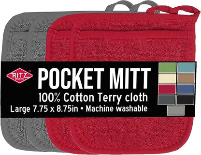 RITZ Terry Pocket Mitt & Hot Pad: Unparalleled Heat Resistant, Durable 100% Cotton – Ergonomically Designed for Optimal Grip – Easy-Care Machine Washable – 4-Pack, Graphite/Paprika by Ritz+Foodservice