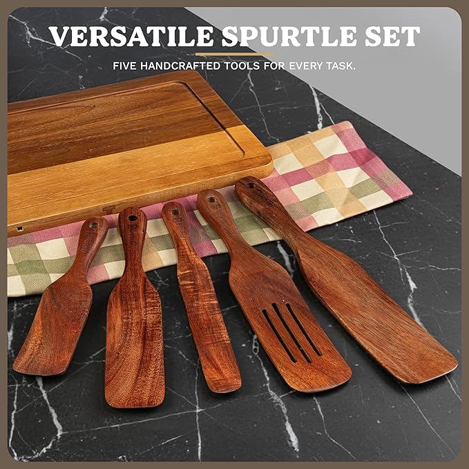 5-Piece Wooden Spurtle Set – Acacia Wood Kitchen Tools for Cooking, Mixing & Stirring – Non-Stick Safe Spurtle Spatula Set