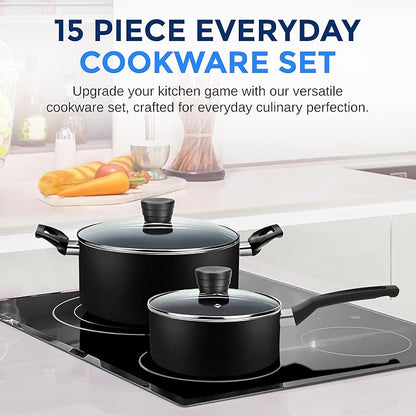 SereneLife Kitchenware Pots & Pans Basic Kitchen Cookware, Black Non-Stick Coating Inside, Heat Resistant Lacquer (15-Piece Set), One Size - Image 2