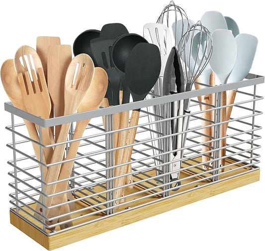 Suli Extra Large Kitchen Utensil Holder Countertop with 4 Compartments,Silvery Metal holder with Wooden Base for Countertop,Farmhouse Utensil Organizer for counter,Rustic Cooking Utensil Organizer by Suli