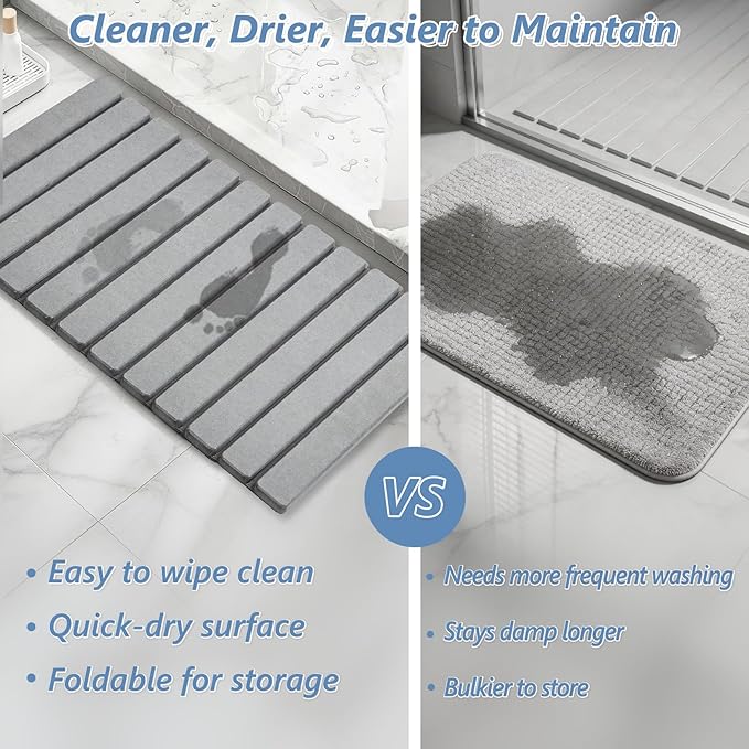 AWW Foldable Stone Bath Mat, Quick Dry Diatomaceous Earth Bath Mat with Non-Slip Mat, Super Absorbent, Easy to Clean, Compact for Small Bathrooms, 31.5 x 15.7, Grey - Image 3