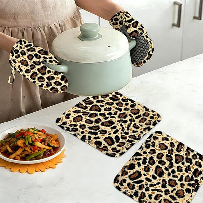 Leopard Print Oven Mitts and Pot Holders Sets of 4, Heat Resistant Silicone Oven Mitts Gloves Non-Slip Kitchen Mittens Potholders for Cooking Baking Grilling BBQ
