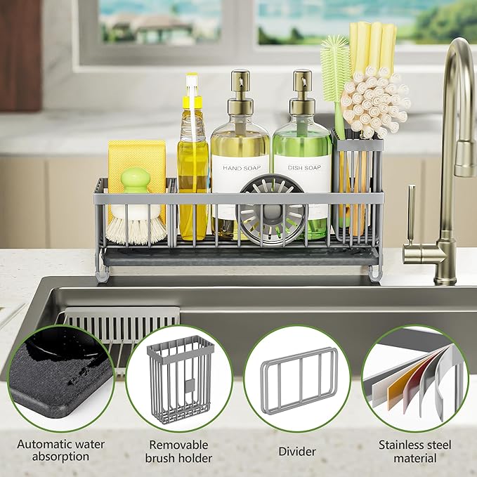 Cisily Extra Large Sink Caddy Organizer with Drying Stone, Gray Sponge Holder for Kitchen, Dish Brush Holder for Countertop, Kitchen Decor Storage and Essentials - Image 3