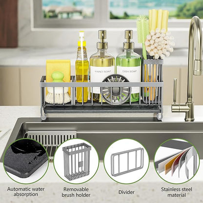 Cisily Extra Large Sink Caddy Organizer with Drying Stone, Gray Sponge Holder for Kitchen, Dish Brush Holder for Countertop, Kitchen Decor Storage and Essentials - Image 3