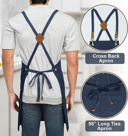 RUVANTI Work Aprons for Men, Oil & Water Repellent, PolyCotton Cross Back Aprons for Women with Pockets, Adjustable up to XXL, Chef Aprons for Cooking, Grilling, Welding, Woodworking - Blue Aprons