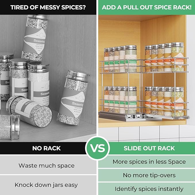 Mystozer Pull Out Spice Rack Organizer for Cabinet, Slide Out Spice Racks, Easy to Install Spice Cabinet Organizers, 5.28" Wx10.43 Dx8.26 H, 2 Drawers 2 Tiers(Silver) - Image 8