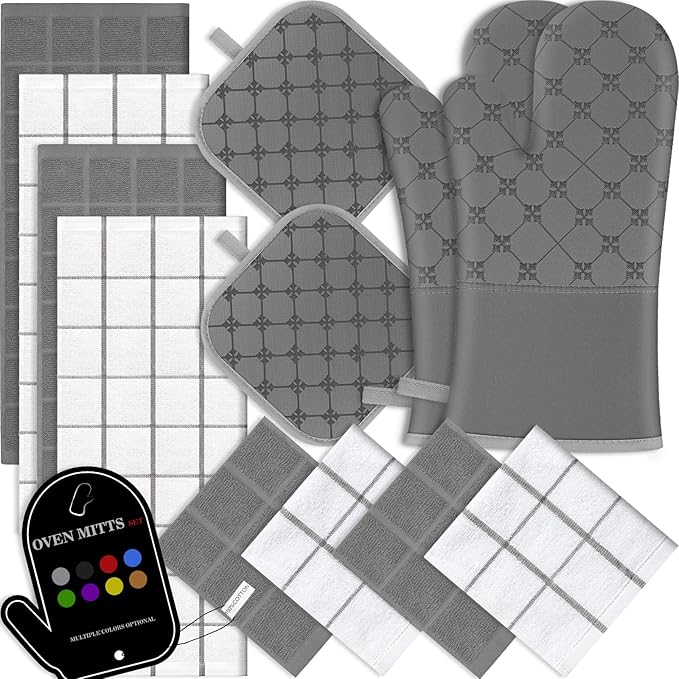 Oven Mitts Kitchen Towels Dishcloths with Pot Holders Sets 12PCS, Dish Towels Sets, Oven Gloves Pot Pads Heat Resistant 500 Degrees with Non-Slip Silicone Surface for Cooking Baking Grilling-Grey by BSKSSK