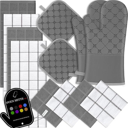 Oven Mitts Kitchen Towels Dishcloths with Pot Holders Sets 12PCS, Dish Towels Sets, Oven Gloves Pot Pads Heat Resistant 500 Degrees with Non-Slip Silicone Surface for Cooking Baking Grilling-Grey by BSKSSK