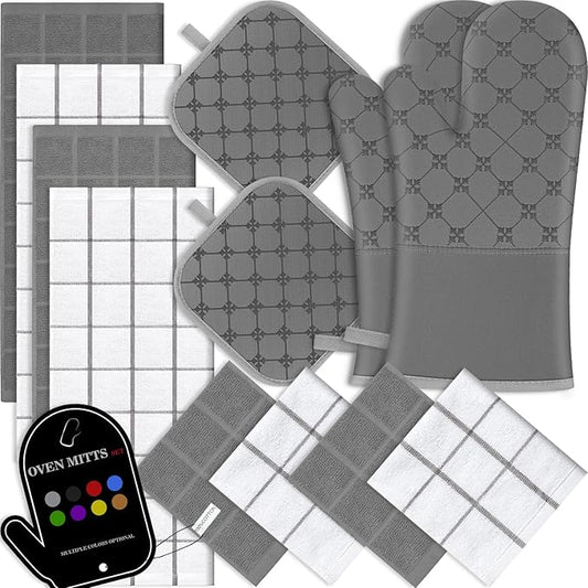 Oven Mitts Kitchen Towels Dishcloths with Pot Holders Sets 12PCS, Dish Towels Sets, Oven Gloves Pot Pads Heat Resistant 500 Degrees with Non-Slip Silicone Surface for Cooking Baking Grilling-Grey by BSKSSK