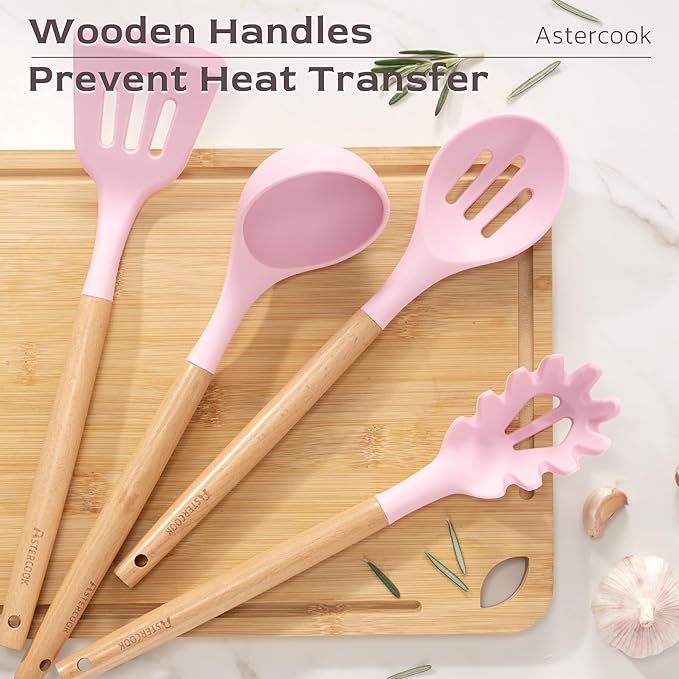 Astercook Kitchen Utensils set, 39 PCS Silicone Cooking Utensils Set with Wooden Handle, 446°F Heat Resistant Food Grade Utensil Sets, BPA Free Kitchen Gadgets Tools Set for Mothers Day Gifts - Image 4