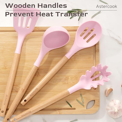 Astercook Kitchen Utensils set, 39 PCS Silicone Cooking Utensils Set with Wooden Handle, 446°F Heat Resistant Food Grade Utensil Sets, BPA Free Kitchen Gadgets Tools Set for Mothers Day Gifts - Image 4