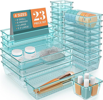 StorMiracle 28 PCS Clear Plastic Drawer Organizers Set, 4 Size Desk Drawer Organizer Trays for Makeup, Jewelry, Kitchen Utensils, Gadgets and Office Accessories, Sea Blue by StorMiracle
