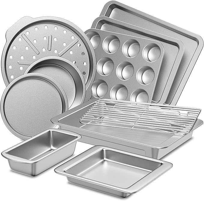 HONGBAKE Bakeware Sets, Baking Pans Set, Nonstick Oven Pan for Kitchen with Wider Grips, 10-Piece Including Rack, Cookie Sheet, Cake Pans, Loaf Pan, Muffin Pan, Pizza Pan - Sliver by HONGBAKE