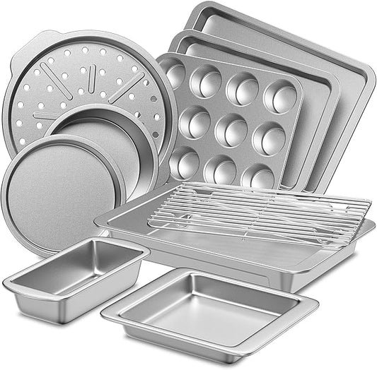 HONGBAKE Bakeware Sets, Baking Pans Set, Nonstick Oven Pan for Kitchen with Wider Grips, 10-Piece Including Rack, Cookie Sheet, Cake Pans, Loaf Pan, Muffin Pan, Pizza Pan - Sliver by HONGBAKE