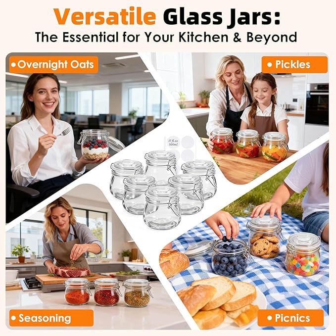 SKOCHE 17oz Glass Jars with Airtight Lids 6 Pack, Air Tight Glass Storage Jar, Leakproof 17 oz Jars with Seal Wire Clips for Pickling, Kitchen, Canning Jam, Food Storage, Preserving Nuts and Snacks - Image 6