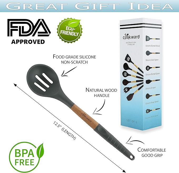 Silicone Cooking Utensils Set 6 Piece – Heat Resistant up to 480°F, BPA Free & Non-Scratch Kitchen Tools with Natural Wood Handles, Dark Gray - Image 7