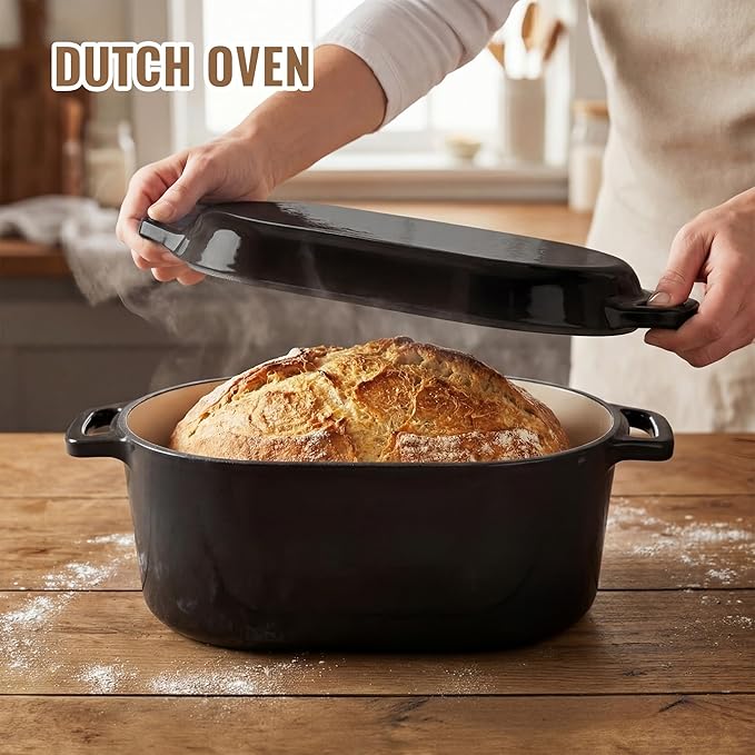 Dutch Oven for Bread Baking, 3.4 QT Bread Dutch Oven for Sourdough, Enamelled Cast Iron Bread Oven with Lids, Heavy-Duty Non Stick Sourdough Loaf Pan, Meatloaf Pan, Black