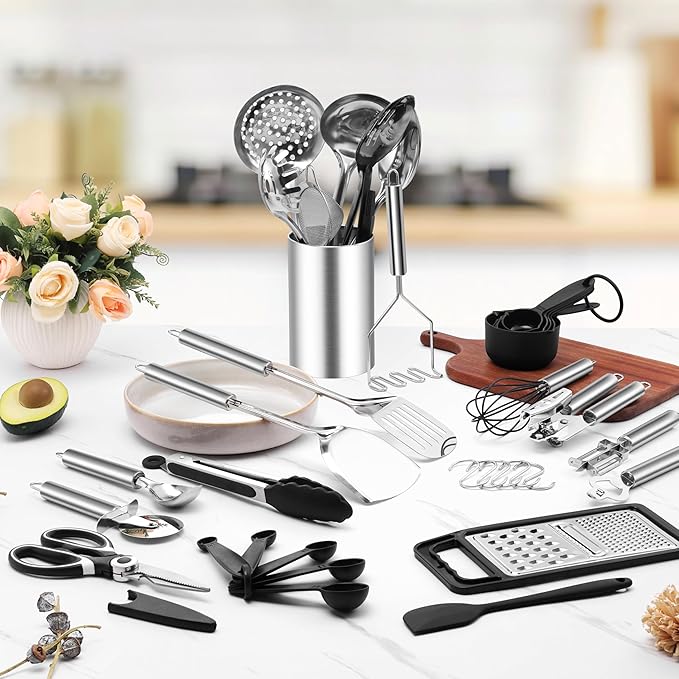 E-far Stainless Steel Kitchen Utensils Set, 39-Piece Cooking Utensils Set with Holder, Non-toxic Metal Heat Resistant Kitchen Gadgets Cookware Tool Spatula Set for Cooking, Dishwasher Safe - Image 4