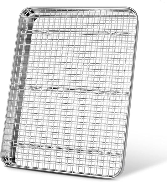 17.5 Inch Baking Sheet Pan with Cooling Rack Set, Joyfair Stainless Steel Toaster Oven Tray Pans with Grid Racks, Rectangular Bakeware for Cookie/Bacon, Heavy Duty & Rust-free, Dishwasher Safe