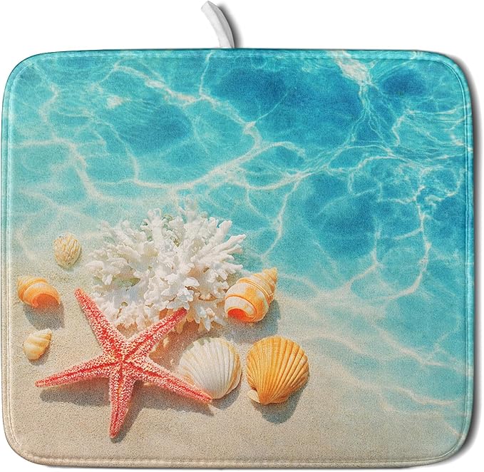 Giwawa Coastal Starfish Dish Drying Mat 16"x18" Ocean Blue Sea Coral Seashell Dish Drainer Mats Nautical Beach Themed Decorative Reversible Dish Drying Pad for Kitchen Countertop Dining Room