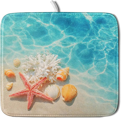 Giwawa Coastal Starfish Dish Drying Mat 16"x18" Ocean Blue Sea Coral Seashell Dish Drainer Mats Nautical Beach Themed Decorative Reversible Dish Drying Pad for Kitchen Countertop Dining Room