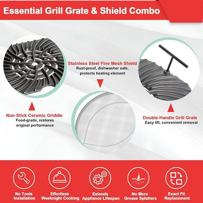 Grill Grate & Splatter Shield for Ninja Foodi FG551 DG551 Grill Accessories, Cast Iron Griddle Plate & Stainless Steel Splatter Screen for Ninja Foodi Smart XL 6-in-1 Grill Replacement Parts Non-stick