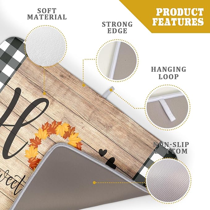 Giwawa Home Sweet Home Dish Drying Mat 18x24 Inch Fall Autumn Maple Leaf Wreath Dish Drainer Mats Rustic Brown Wood Board Microfiber Dish Drying Rack Pad for Kitchen Countertop Farmhouse Decor