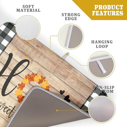 Giwawa Home Sweet Home Dish Drying Mat 18x24 Inch Fall Autumn Maple Leaf Wreath Dish Drainer Mats Rustic Brown Wood Board Microfiber Dish Drying Rack Pad for Kitchen Countertop Farmhouse Decor
