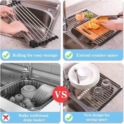 Seropy Roll Up Dish Drying Rack Over The Sink for Kitchen Sink Drying Rack Folding Dish Drainer Mat Rolling Dish Rack Sink Rack Stainless Steel Kitchen Dry Rack Black 17.5x15.7 Inch - Image 6