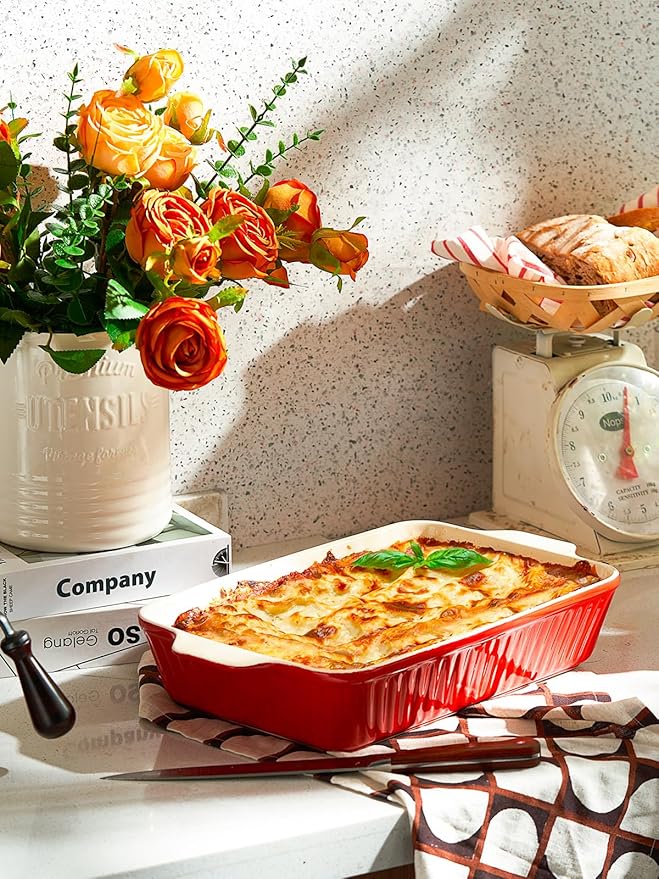 DOWAN 9x13-inch Deep Casserole Baking Dish for Lasagna, 135 oz Ceramic Pan with Handles, Oven Safe for Baking and Home Decor, Red - Image 6