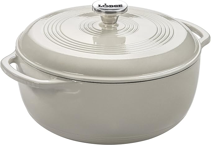 Lodge 3 Quart Enameled Cast Iron Dutch Oven with Lid – Dual Handles – Oven Safe up to 500° F or on Stovetop - Use to Marinate, Cook, Bake, Refrigerate and Serve – Oyster White by Lodge