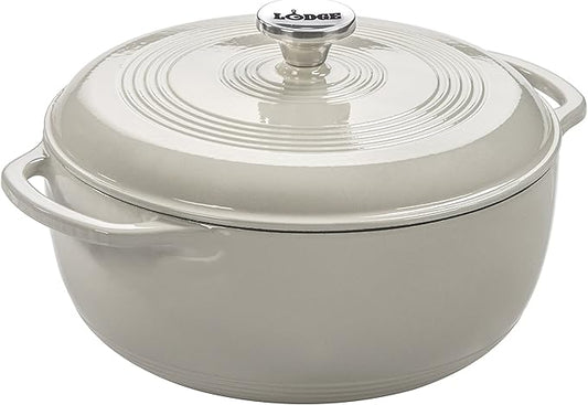 Lodge 3 Quart Enameled Cast Iron Dutch Oven with Lid – Dual Handles – Oven Safe up to 500° F or on Stovetop - Use to Marinate, Cook, Bake, Refrigerate and Serve – Oyster White by Lodge