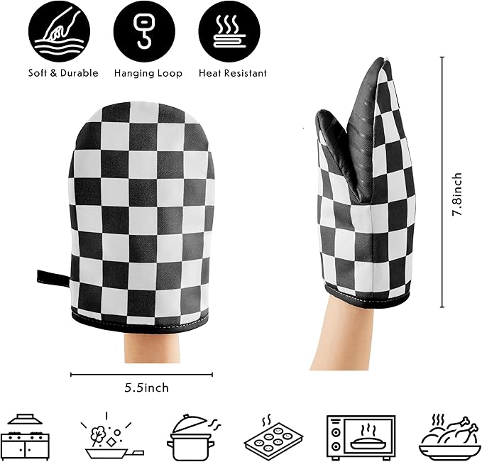 Ohocut Checkered Mini Oven Mitts Heat Resistant, Vintage Retro Black and White Checkerboard Mini Silicone Oven Mitts Cute, Non-Slip Small Short Kitchen Oven Gloves Set of 2