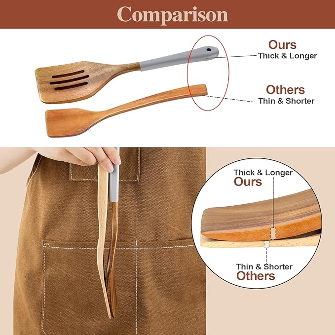 Wooden Spoons For Cooking, 6 Pieces Natural Acacia Wooden Cooking Utensils or Non-Stick Wooden Kitchen Utensil Set for Kitchen Essentials, Wood Cooking Utensils Set with Hanging Hole, Grey - Image 6