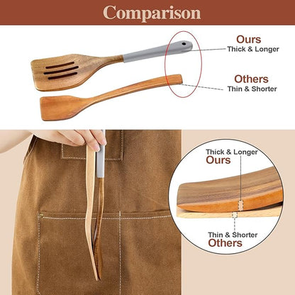 Wooden Spoons For Cooking, 6 Pieces Natural Acacia Wooden Cooking Utensils or Non-Stick Wooden Kitchen Utensil Set for Kitchen Essentials, Wood Cooking Utensils Set with Hanging Hole, Grey - Image 6