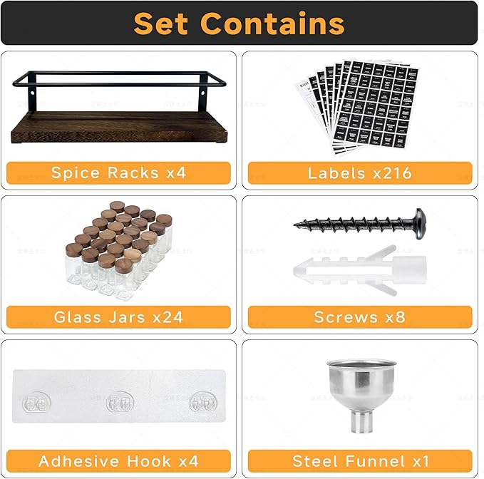 4-Tier Wall Mount Spice Rack Organizer with 24 Glass Jars, 216 Labels & Funnel - Screw/Adhesive Mount, Black Metal & Wood Spice Storage for Kitchen Pantry Cabinet, 11.6”L x 2.4”W x 3.2”H - Image 2