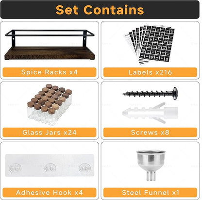 4-Tier Wall Mount Spice Rack Organizer with 24 Glass Jars, 216 Labels & Funnel - Screw/Adhesive Mount, Black Metal & Wood Spice Storage for Kitchen Pantry Cabinet, 11.6”L x 2.4”W x 3.2”H - Image 2