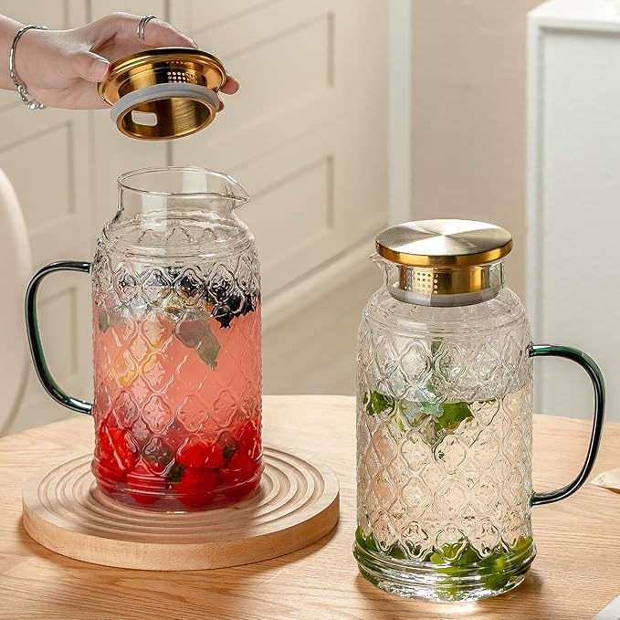 Buaic Glass Pitcher with Lid, 2 PACK 68 oz/2 Liter Vintage Water Pitcher, Clear Borosilicate Glass Water Carafe for Cold Brew, Coffee, Lemonade, Iced Sun Tea,Beverage, Milk, Heat Resistant - Image 6