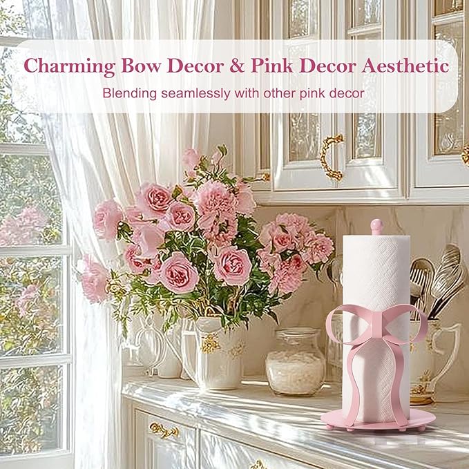 Pink Bow Paper Towel Holder Coutertop - Bow Accent Paper Towel Holder, Pink Kitchen Decor and Accessories, Coquette Room Decor Girly Gifts for Women, 3D Handmade Pattern, Weighted Base - Image 3