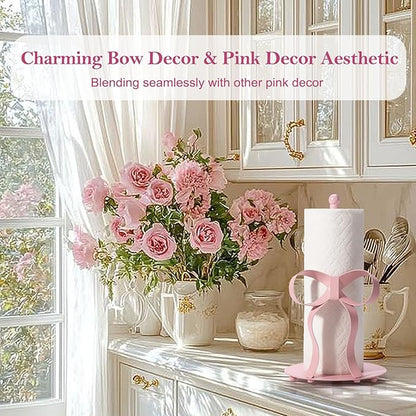 Pink Bow Paper Towel Holder Coutertop - Bow Accent Paper Towel Holder, Pink Kitchen Decor and Accessories, Coquette Room Decor Girly Gifts for Women, 3D Handmade Pattern, Weighted Base - Image 3