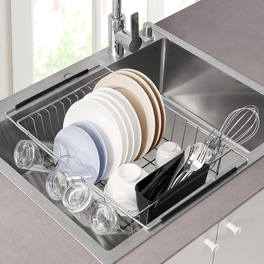 Dish Drying Rack Over The Sink Expandable to 24.5" Dish Drainer — Space-Saving Rectangular Kitchen Extending Drying Station with Utensil Holder, Fits Most Sinks for Easy Dish Organization, Black by SweetHomeCollection