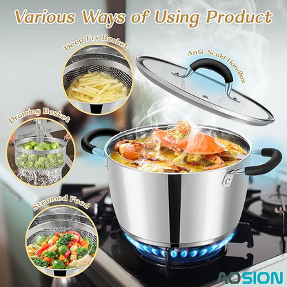 AOSION 6 Quart Stainless Steel Stockpot with Deep Fryer Basket, Stainless Steel Pot with Lid, 6QT Large Stock Pot, Induction Ready, Compatible with All Stoves, Dishwasher Safe